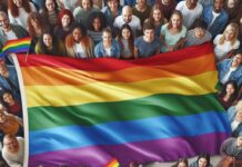 Rainbow flag waiving over diverse group of people