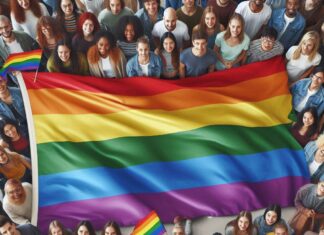 Rainbow flag waiving over diverse group of people