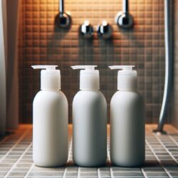 single-use toiletries lined up in shower stall