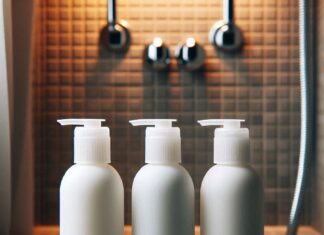 single-use toiletries lined up in shower stall